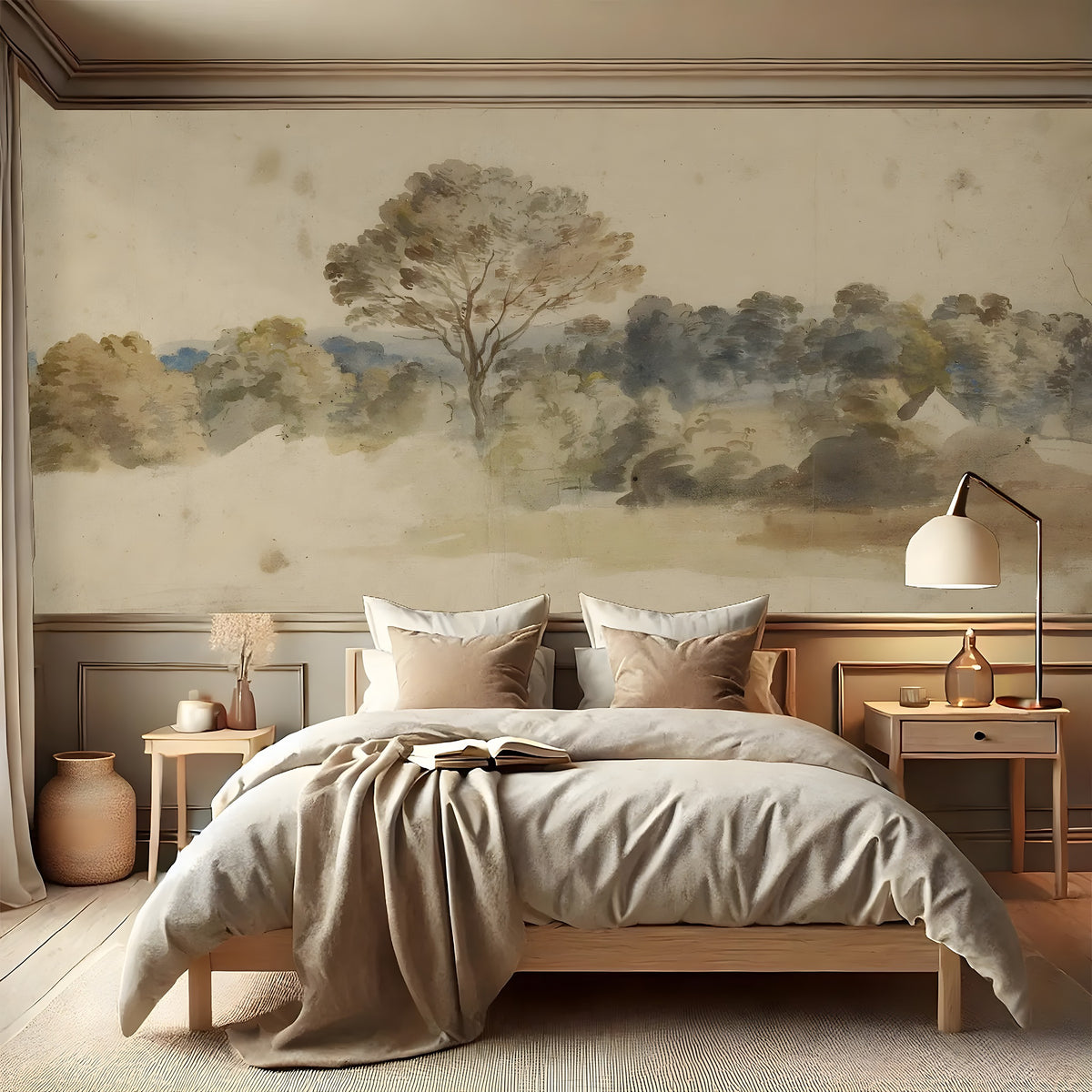 Neatly made bed in a bedroom with landscape wall art