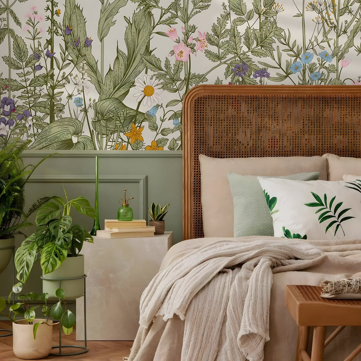 Bedroom with floral wallpaper, wicker headboard, and decorative pillows.