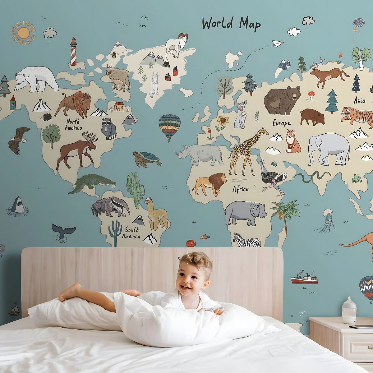 Child in bed with a world map mural featuring animals on the wall.