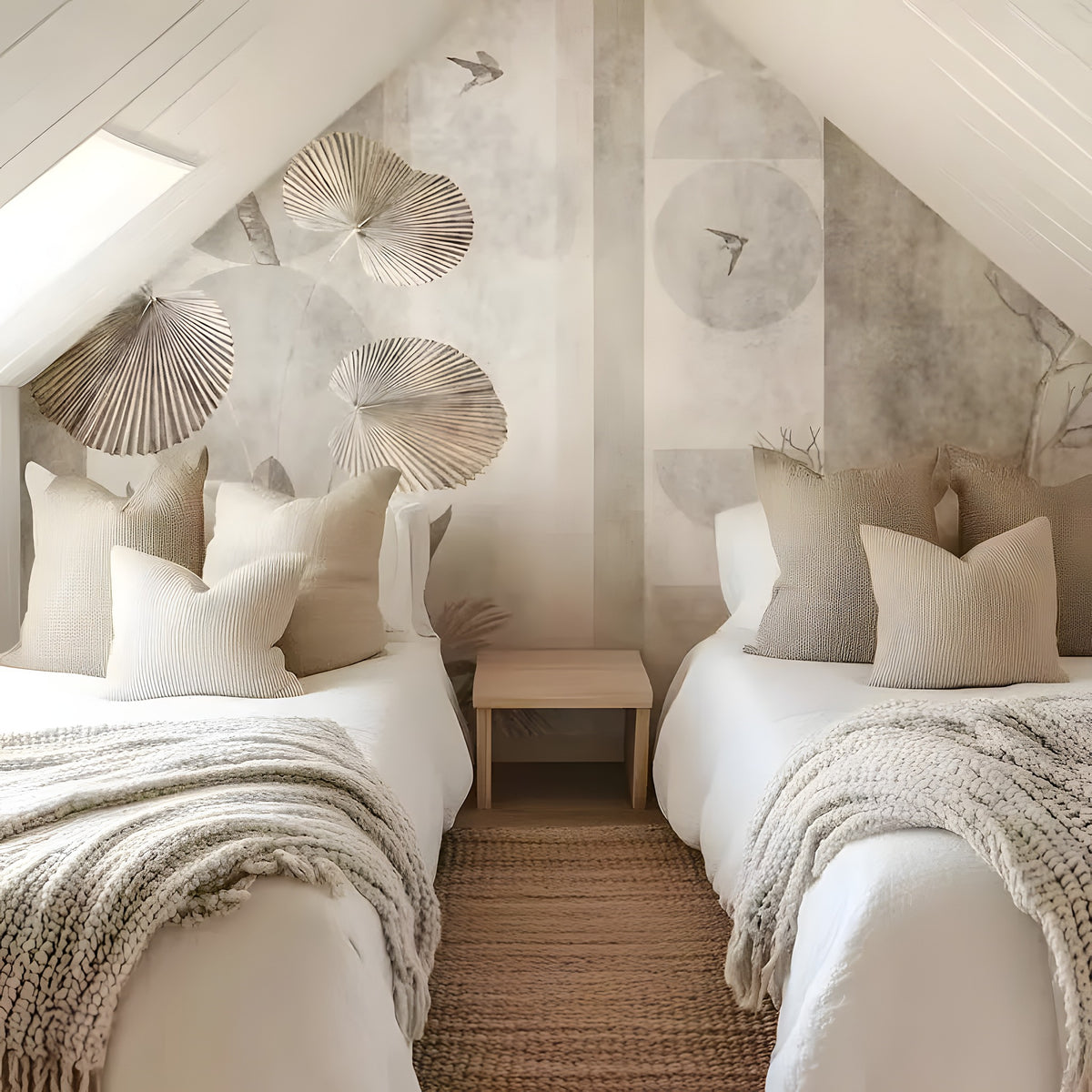 Two beds in a bedroom with decorative wall paper and pillows.