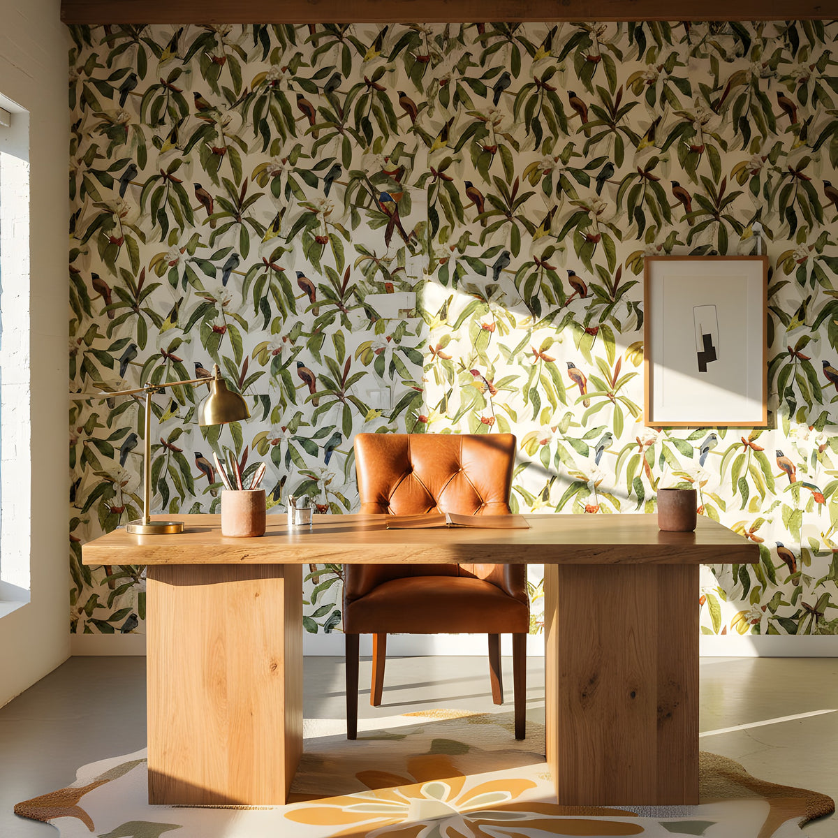 Wallpaper with bird and leaf pattern on a wall behind a wooden table with decorative items.