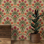 Decorative floral wallpaper with a wooden dresser and plant in the foreground