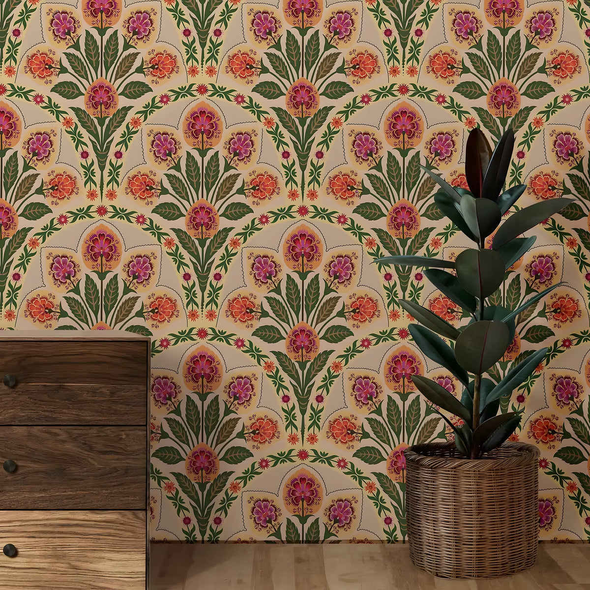 Decorative floral wallpaper with a wooden dresser and plant in the foreground