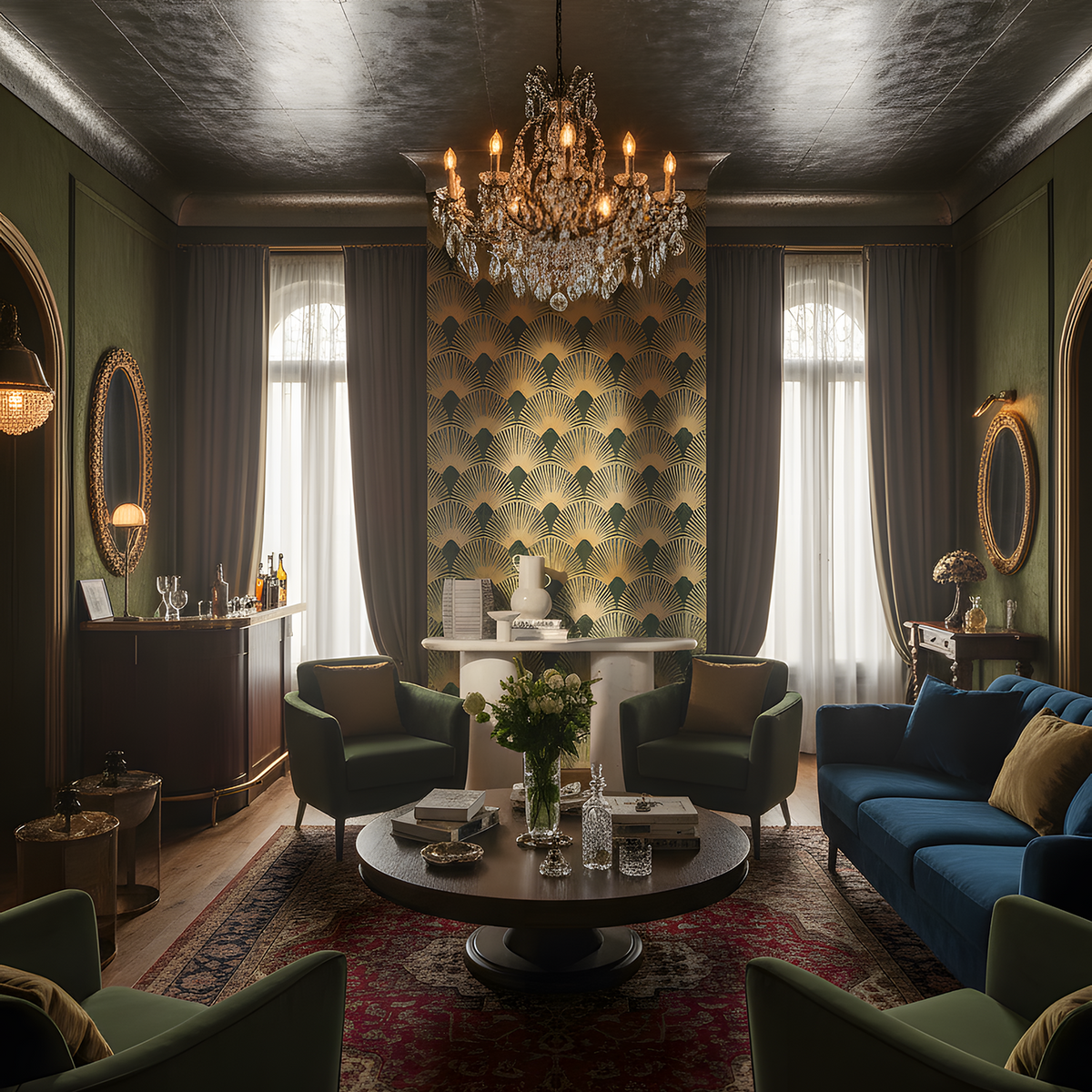 Luxurious living room with a chandelier, green sofa, and patterned walls.