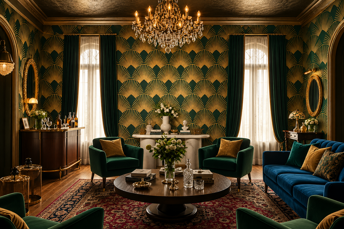 Green and Gold Art Deco Fan Wallpaper