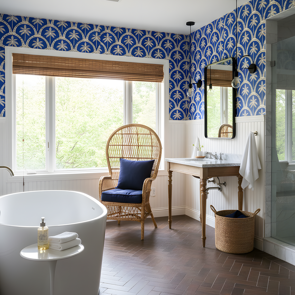 Bathroom with blue and white patterned wallpaper, white freestanding bathtub, and wooden floor.