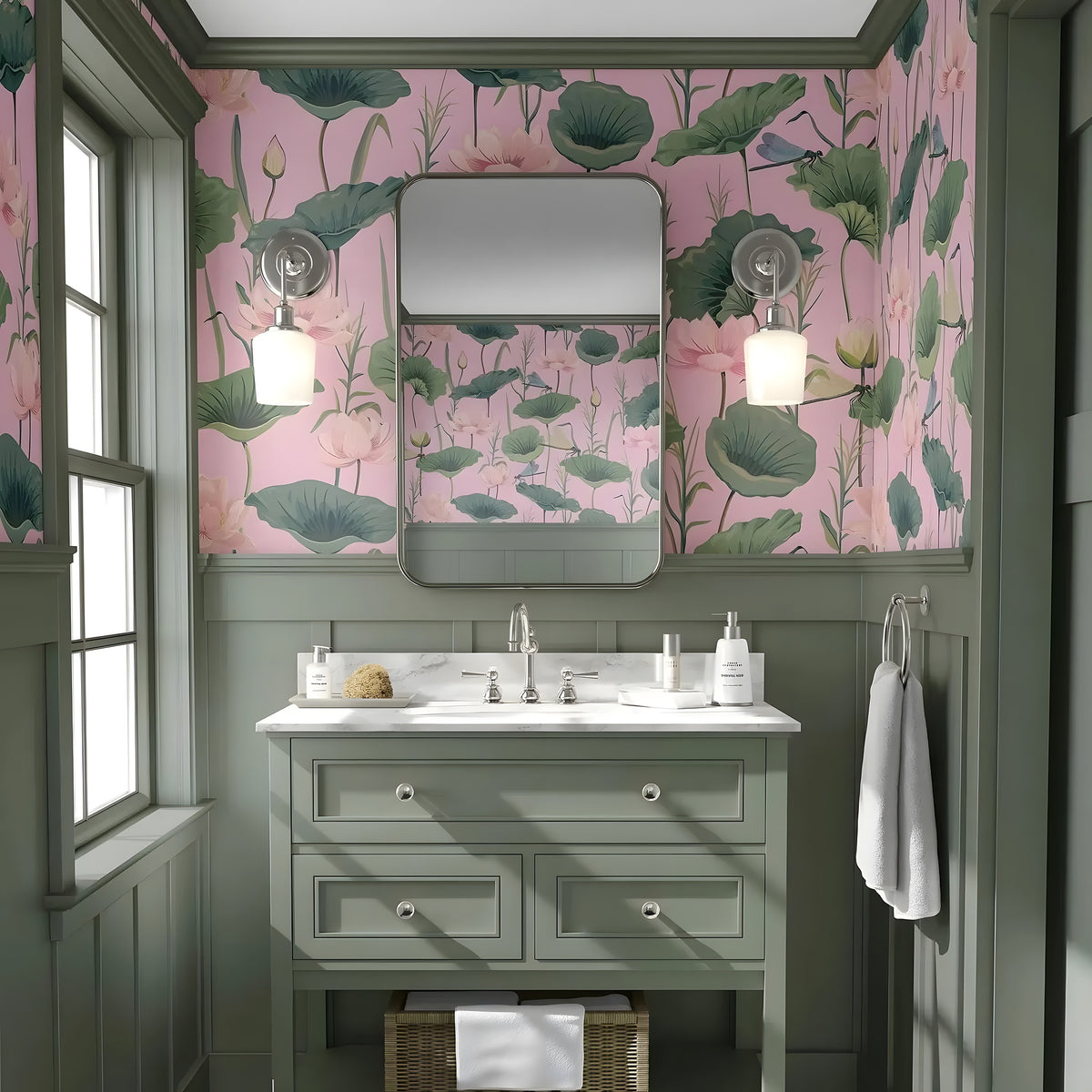 Bathroom with pink floral wallpaper, green vanity, and white sink.