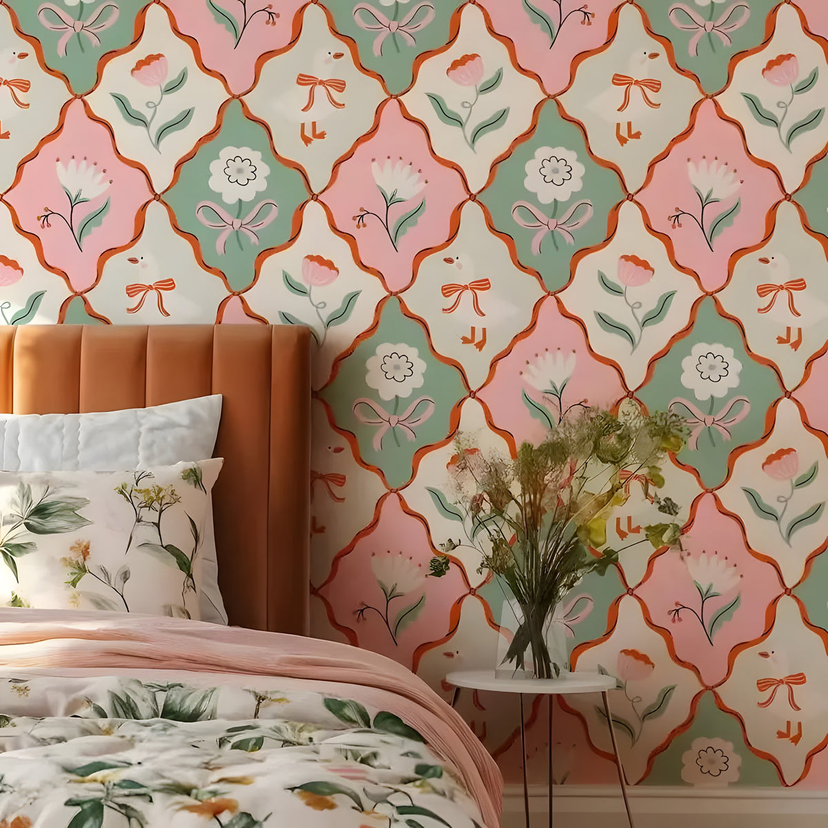 Bedroom with floral wallpaper, bed, and table with flowers.