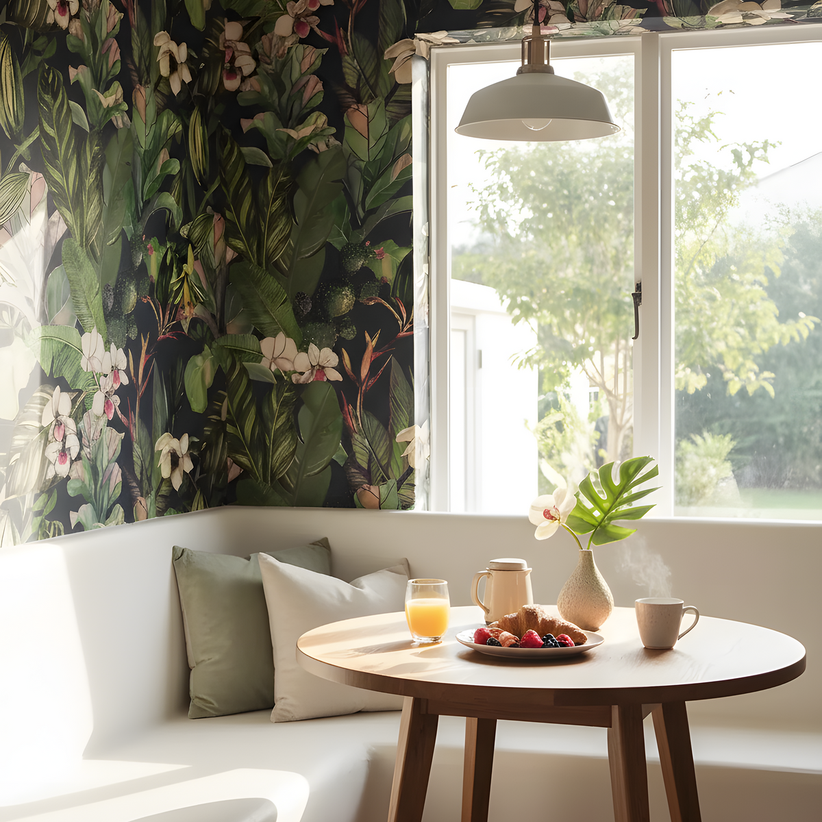 Modern living room with floral wallpaper, a wooden table, and a window view.