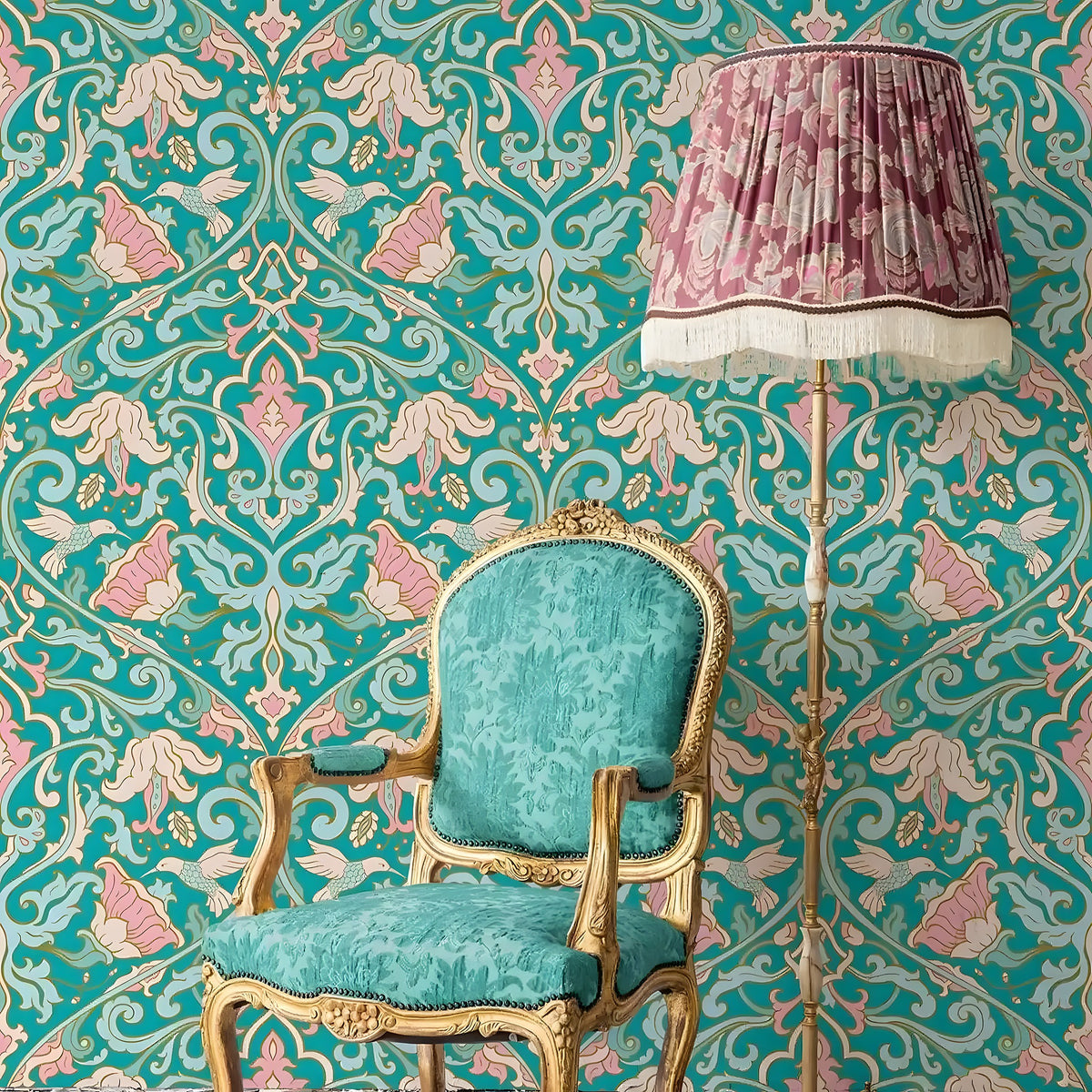 Vintage-style teal chair and lamp against a decorative wallpaper background
