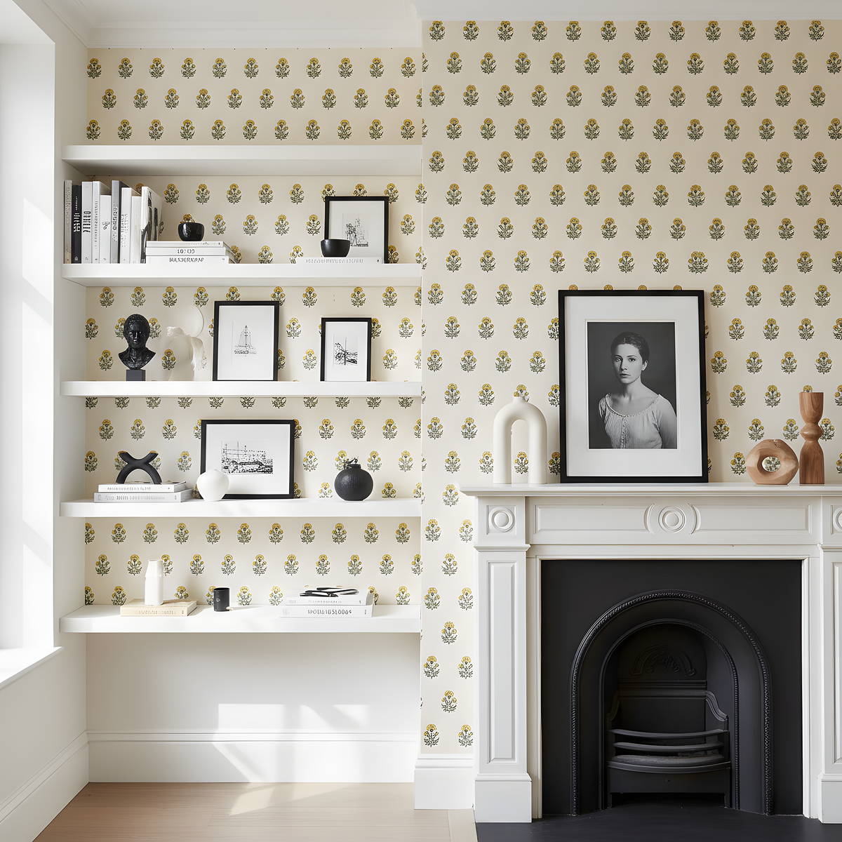 Living room with floral wallpaper, shelves, and a fireplace.