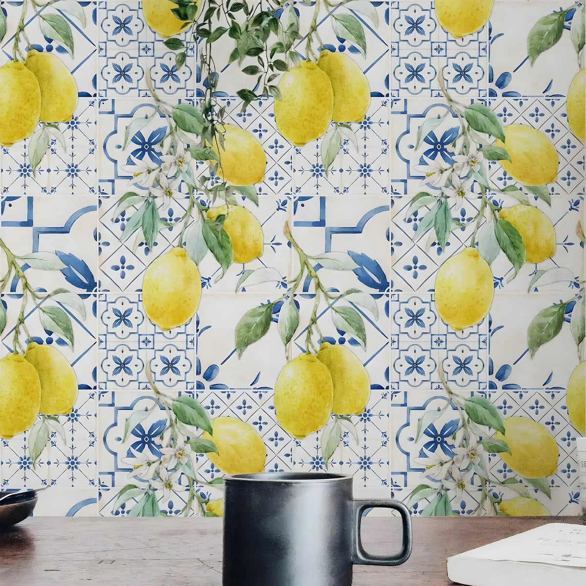 Wallpaper with lemon and floral design on a tiled background