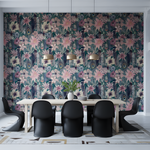 Dining room with floral wallpaper, table, and chairs.