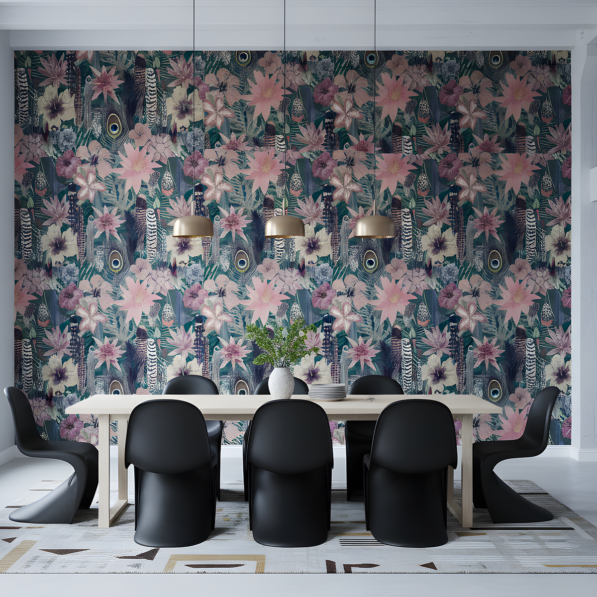 Dining room with floral wallpaper, table, and chairs.