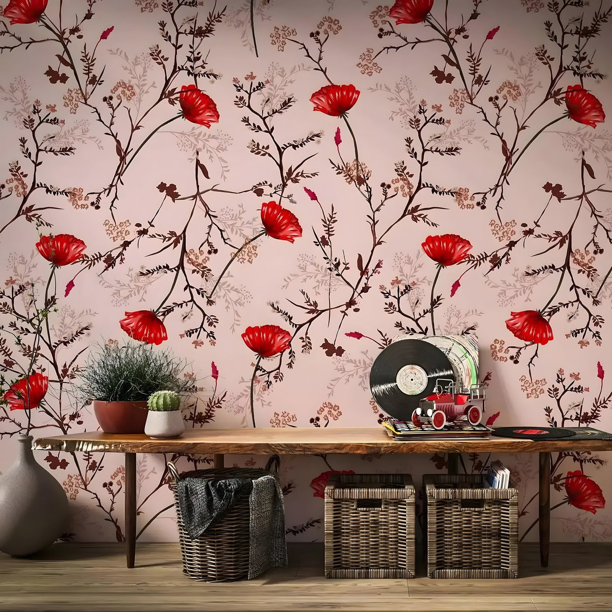 Room interior with floral wallpaper, wooden table, and decorative items.