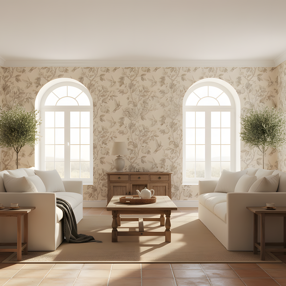 Living room with white sofas, wooden coffee table, and decorative elements.