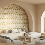 Modern living room with patterned wall, white sofa, and decorative pillows.