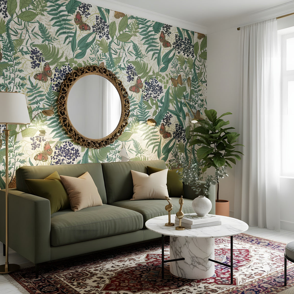 Bedroom with floral and butterfly wallpaper