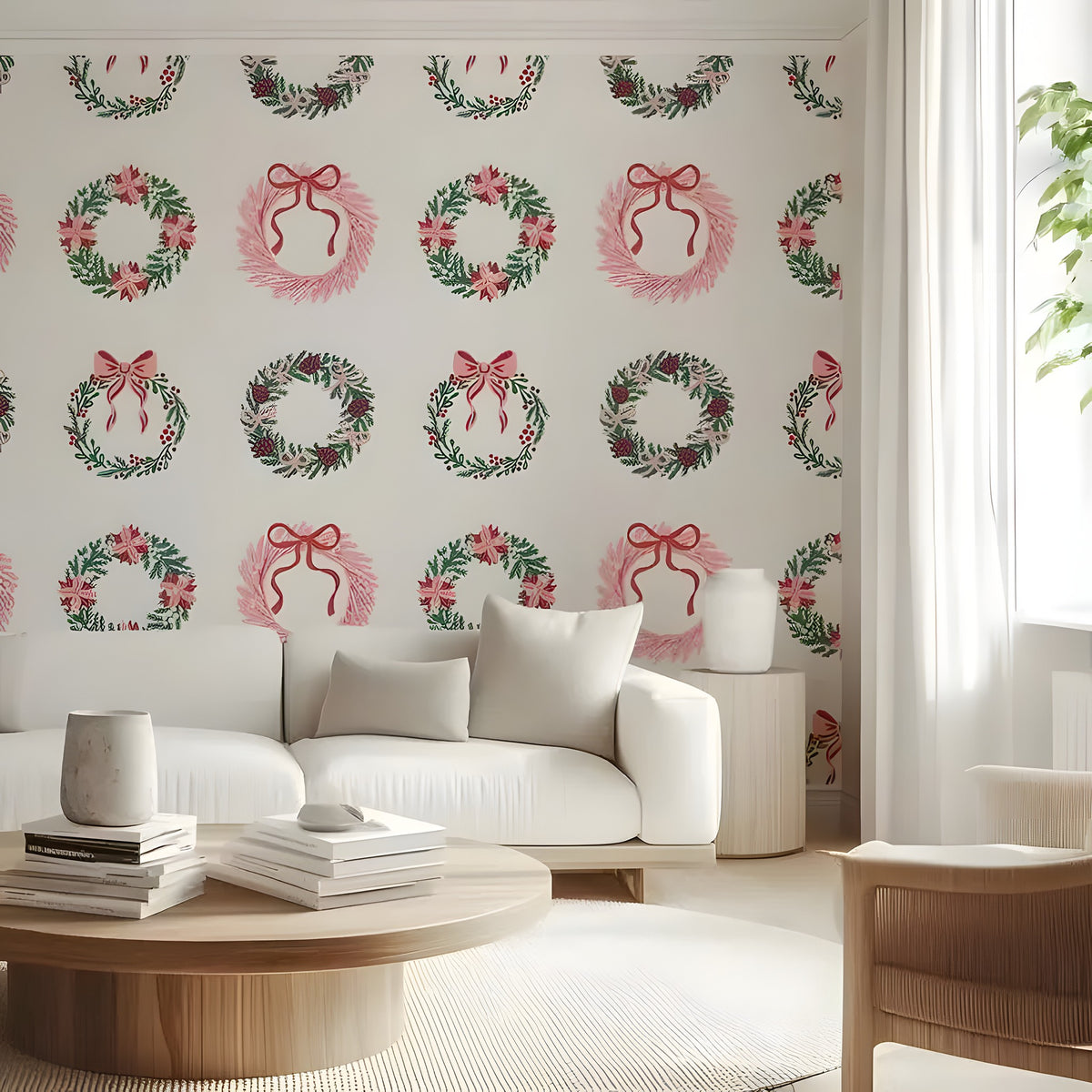 Living room with a white sofa, coffee table, and decorative wall with wreath patterns.