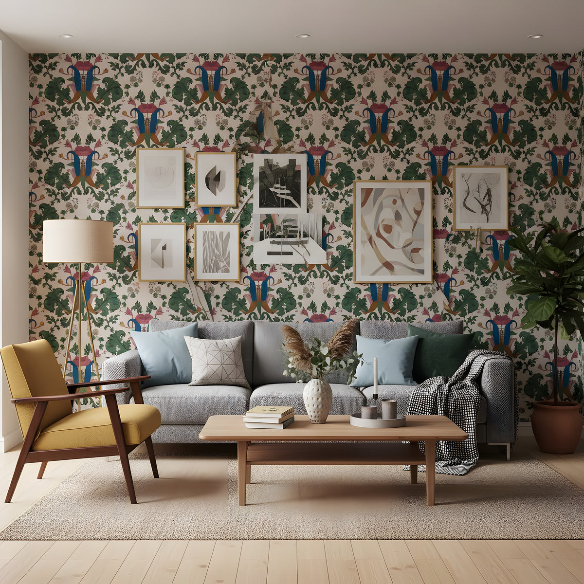 Living room with decorative wallpaper featuring floral and abstract patterns.