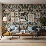 Living room with decorative wallpaper featuring floral and abstract patterns.
