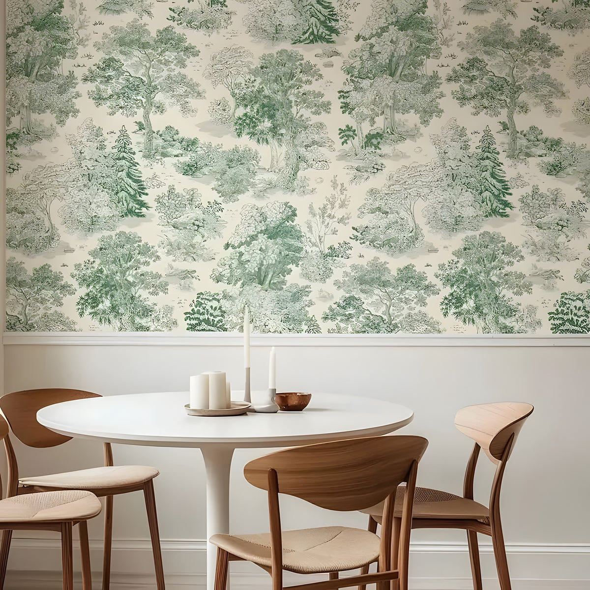 Dining area with a round table and wooden chairs against a wall with green tree-patterned wallpaper.