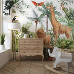 Children's room with jungle-themed wallpaper, wooden furniture, and decorative animals.
