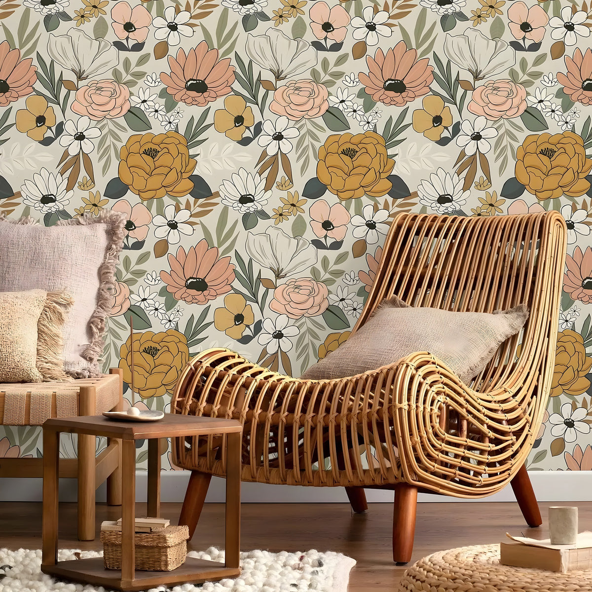 Wicker chair with cushions in a room with floral wallpaper