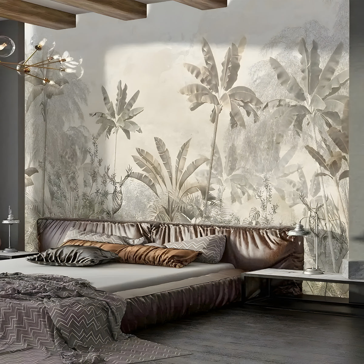 Modern bedroom with a large wall mural of tropical plants and a stylish bed.