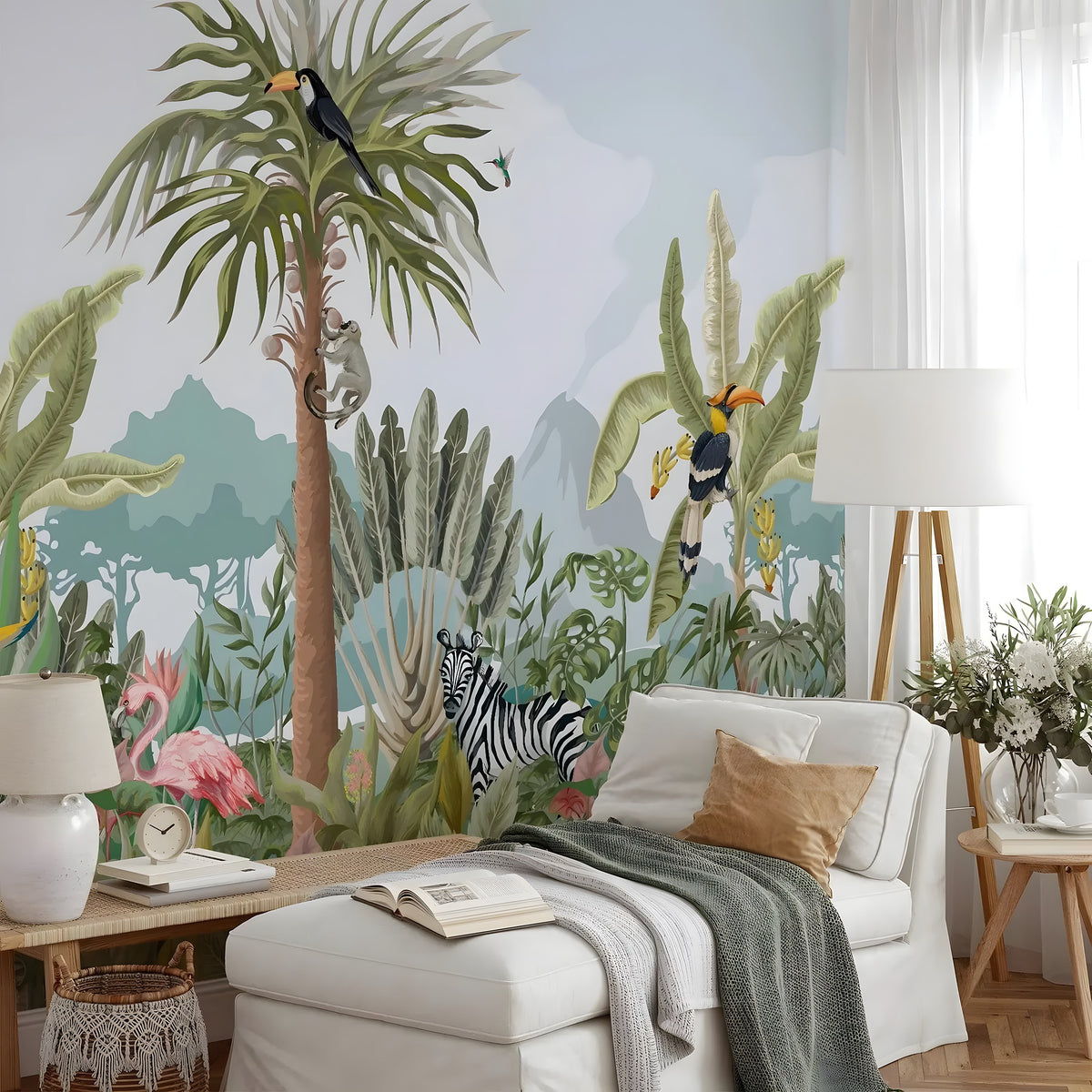 Living room with tropical mural featuring animals and plants