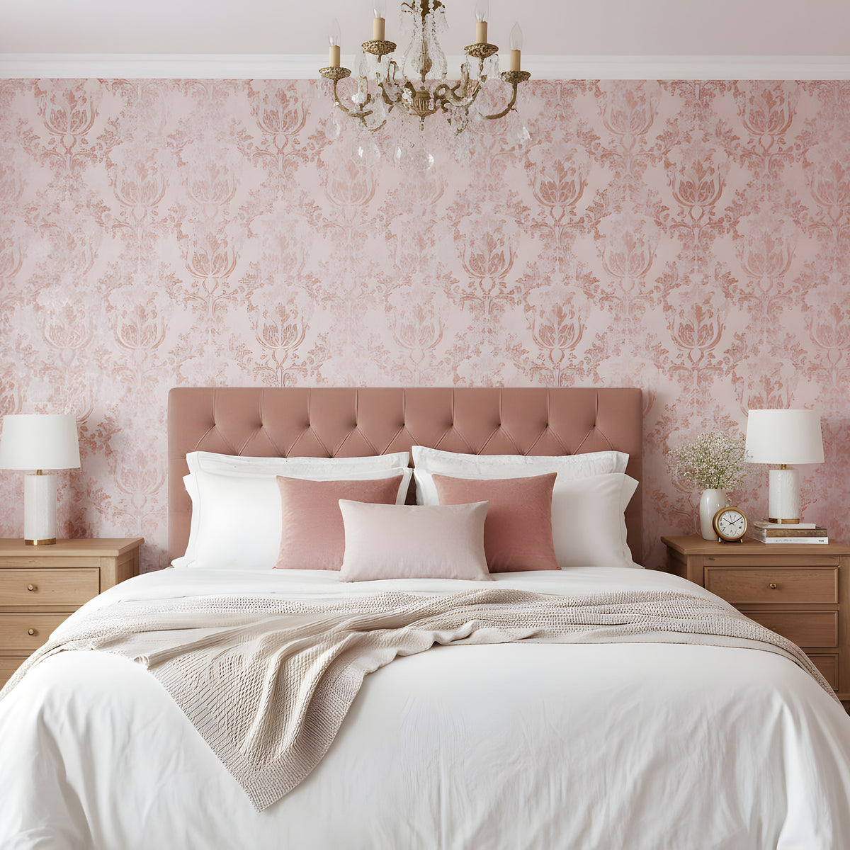 Decorative wallpaper with a pink and white pattern, wooden cabinet with a plant, box, and bowl against it.