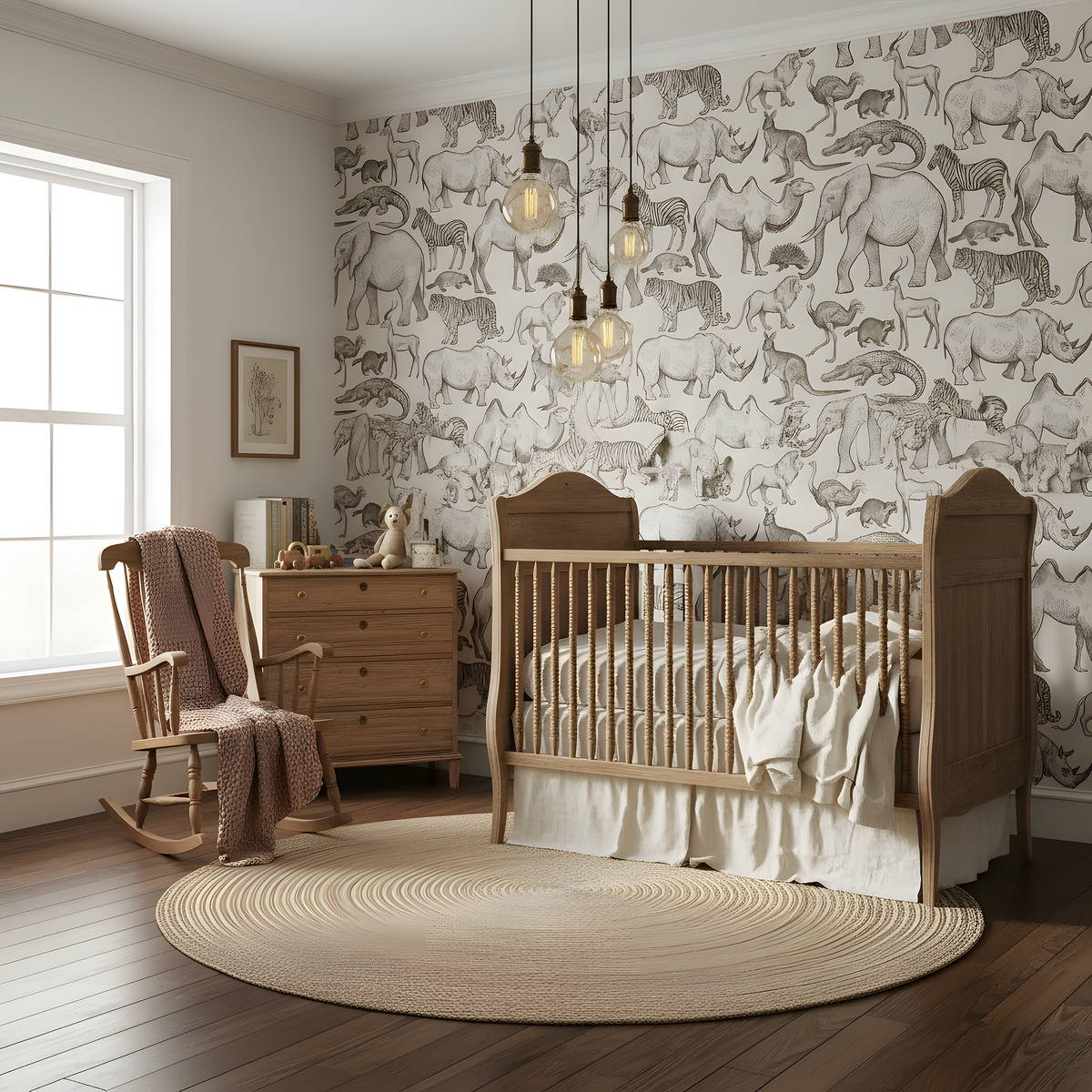 Nursery room with wooden crib, rocking chair, and animal-themed wallpaper.