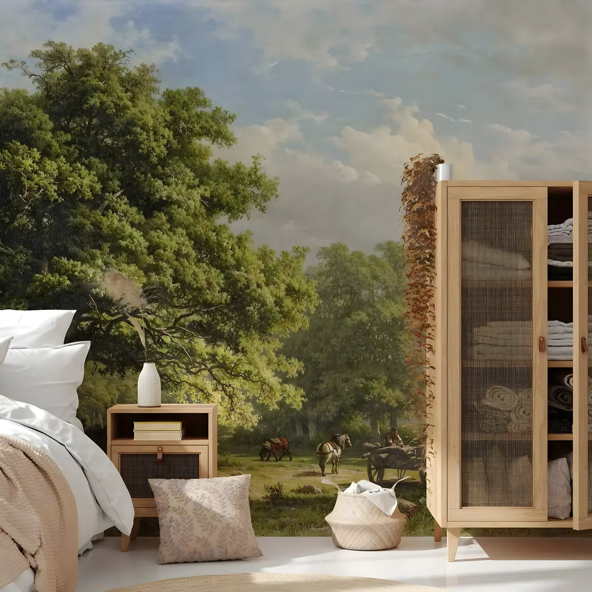 Room interior with wooden wardrobe, bed, and side table against a scenic wall mural.