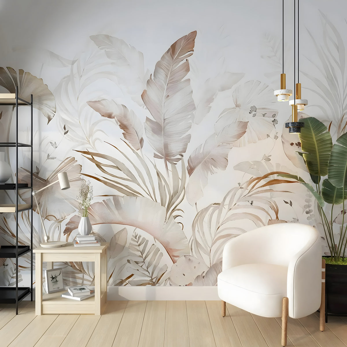 Modern interior with a large floral wall mural, white armchair, and decorative items.