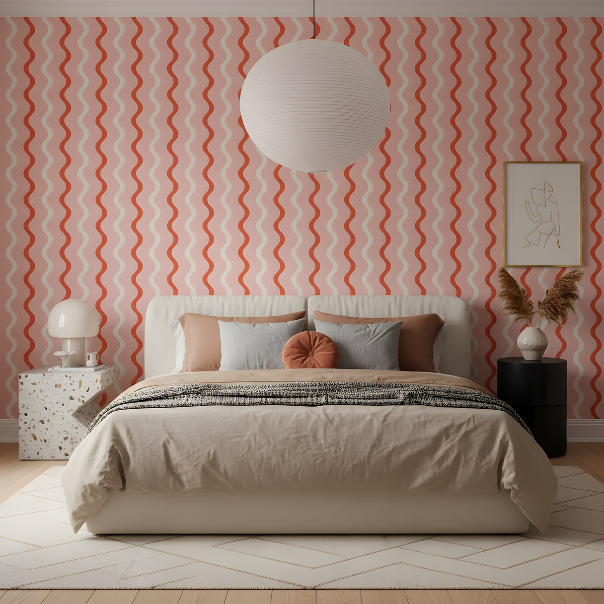 Modern bedroom with a bed against a wall featuring red and white wavy pattern.