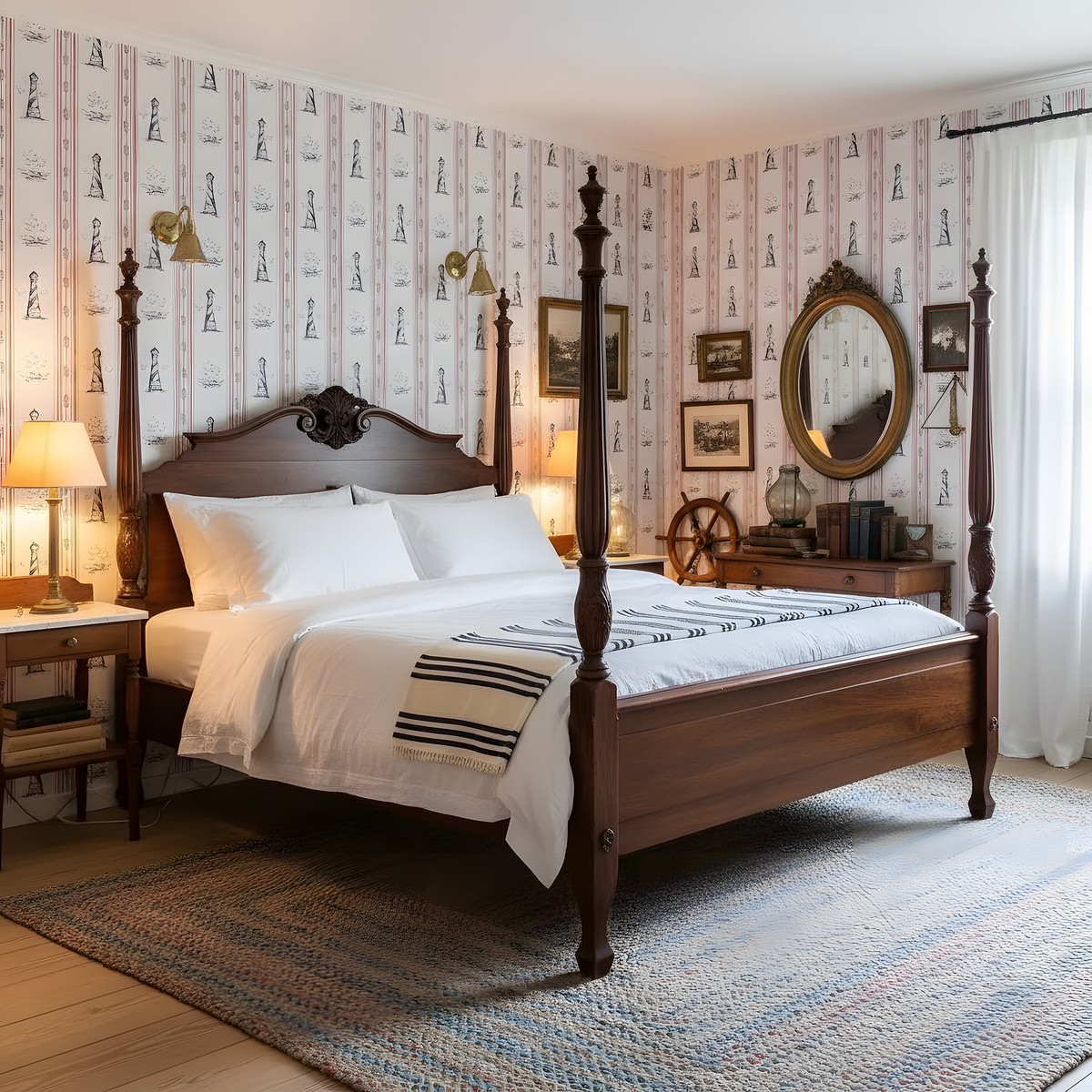 Bedroom with wooden bed, patterned wallpaper, and decorative elements.