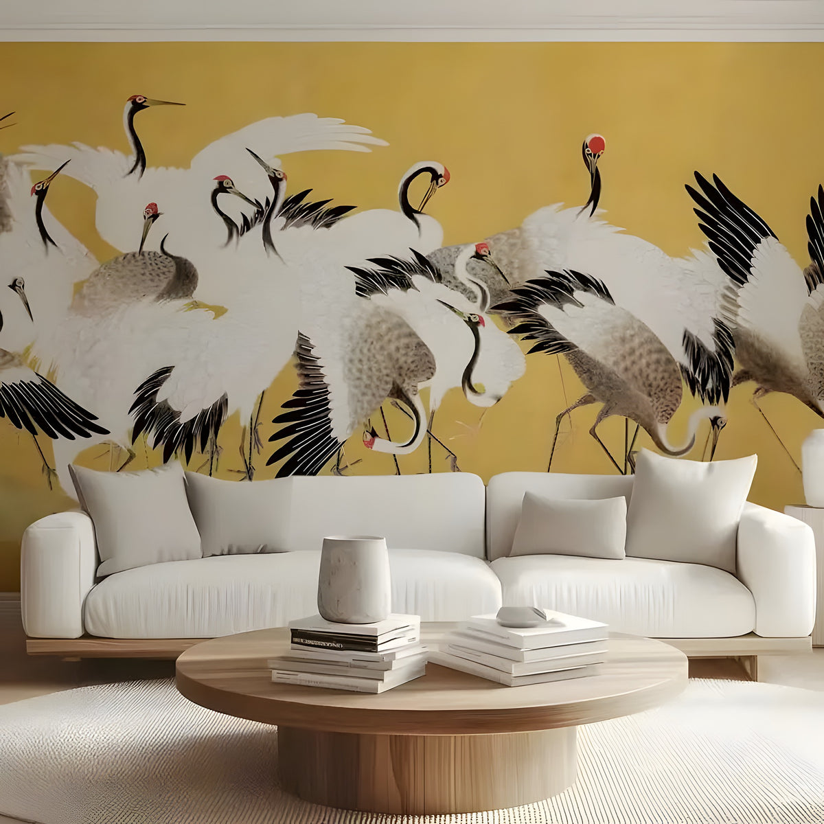 Living room with a white sofa, wooden coffee table, and a wall featuring crane illustrations.