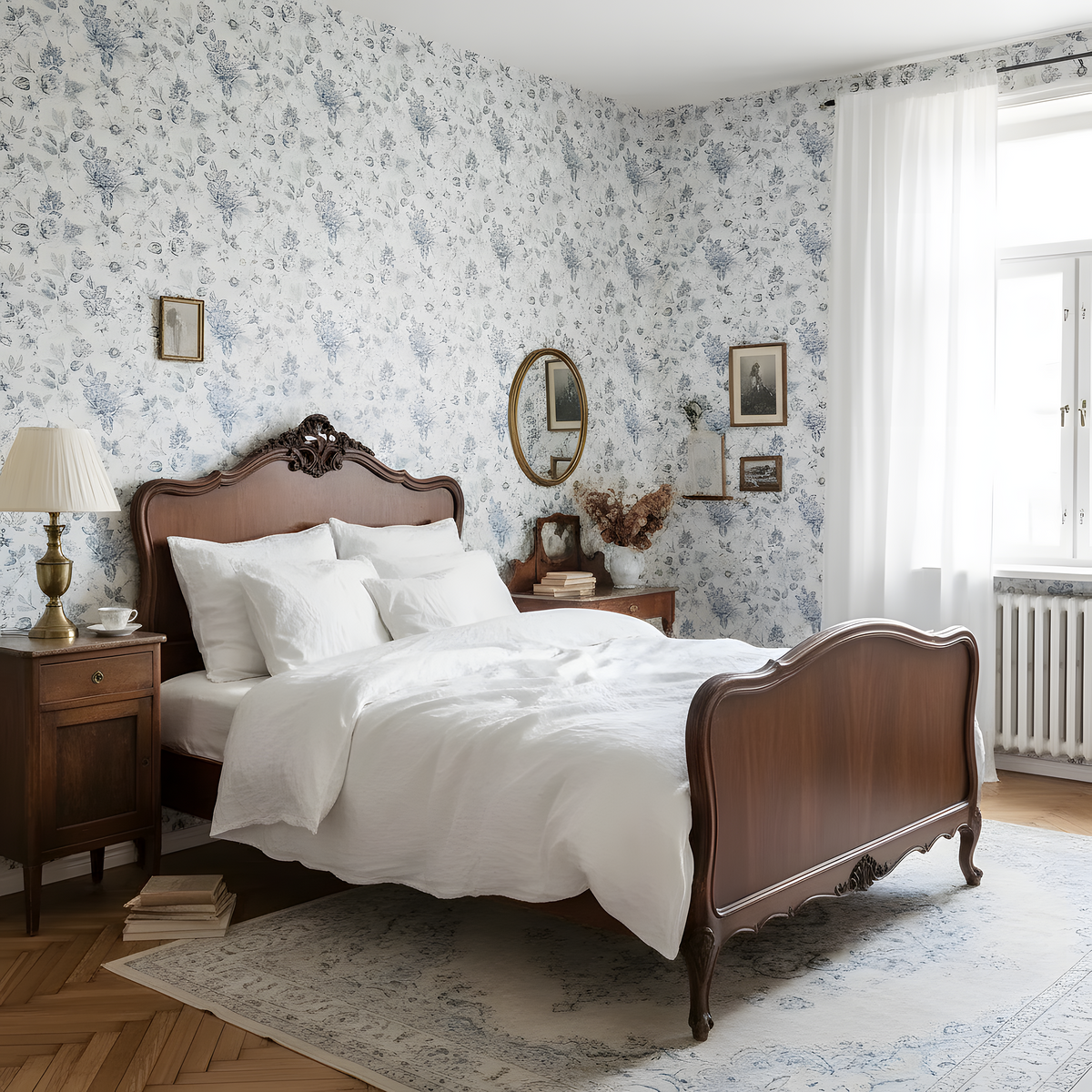 Vintage bedroom with wooden bed, floral wallpaper, and wooden nightstands.