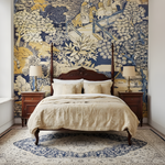 Bedroom with floral tapestry wall, wooden bed, and matching nightstands.