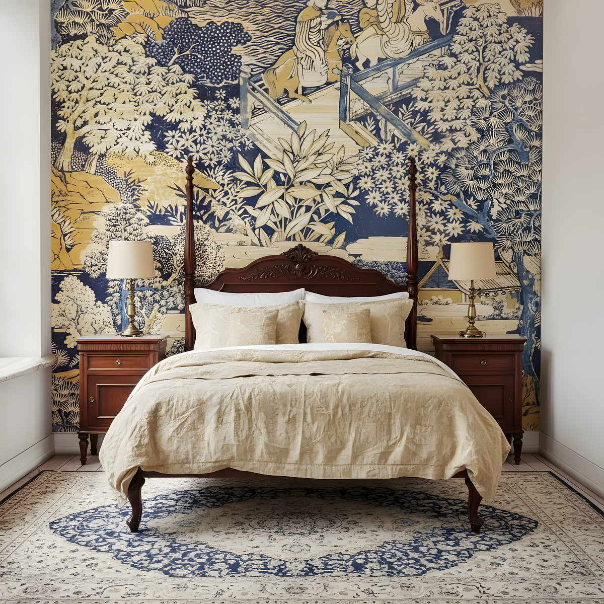 Bedroom with floral tapestry wall, wooden bed, and matching nightstands.