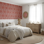 Modern bedroom with wooden furniture, patterned wall, and large window.