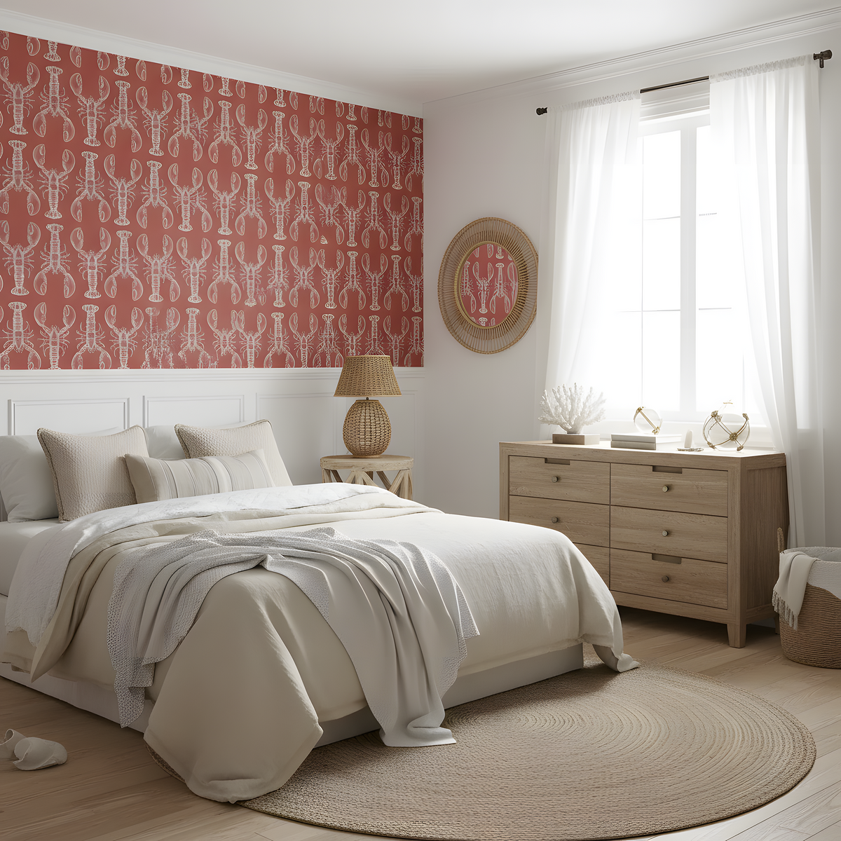 Modern bedroom with wooden furniture, patterned wall, and large window.