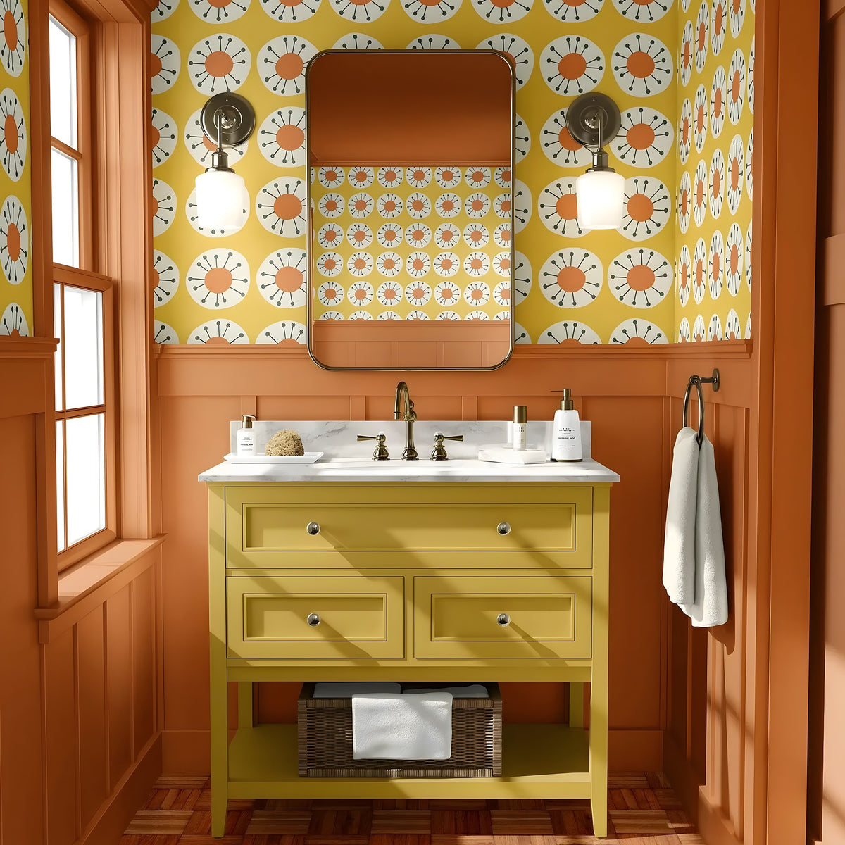 Bathroom with yellow vanity, floral wallpaper, and wooden floor.