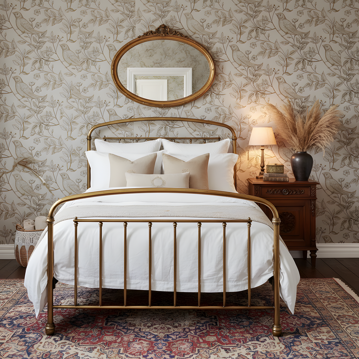 Decorative bedroom with brass bed, patterned wallpaper, and wooden nightstand.