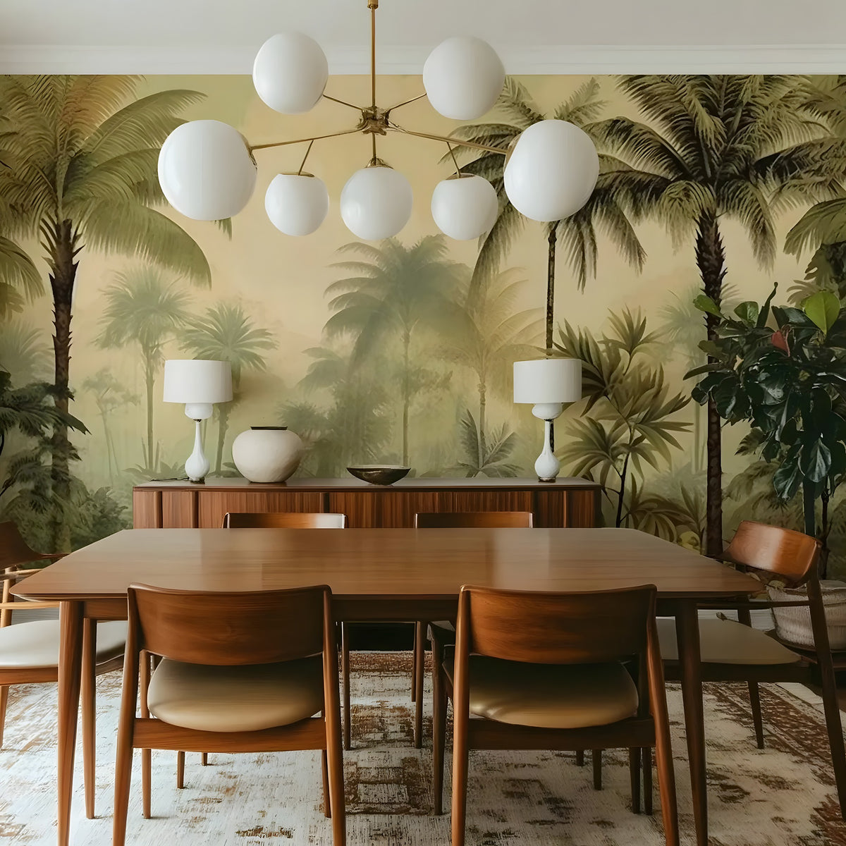 Dining room with wooden table and chairs, tropical wall mural, and modern chandelier.