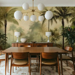 Dining room with wooden table and chairs, tropical wall mural, and modern chandelier.