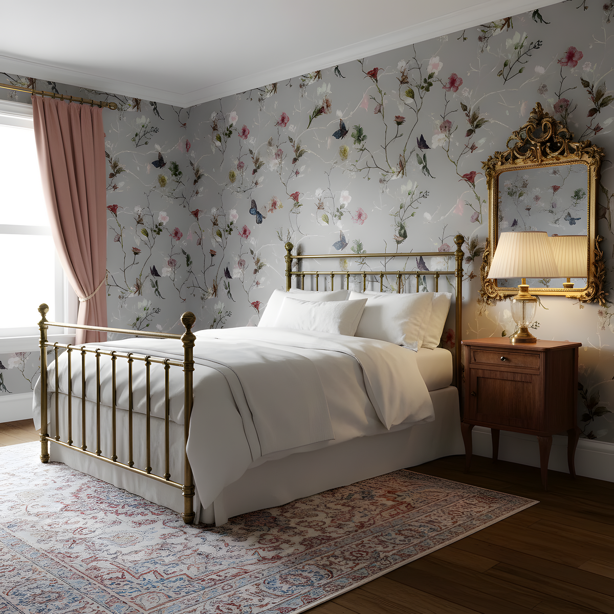 Neatly made bed in a bedroom with floral wallpaper and a decorative mirror.