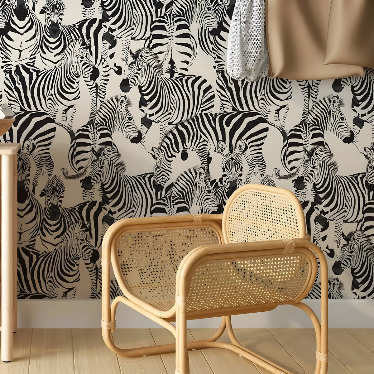 Wicker chair in front of a wall with zebra pattern wallpaper