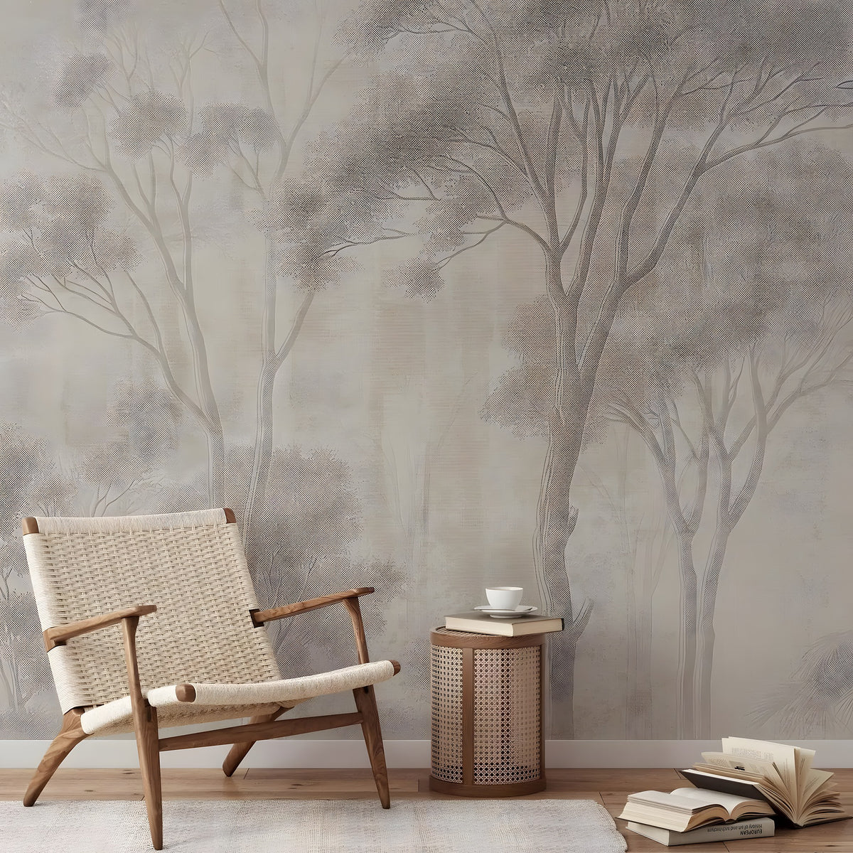 Woven chair and side table against a forest mural wall.