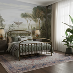 Bedroom with a decorative mural, bed, and plants